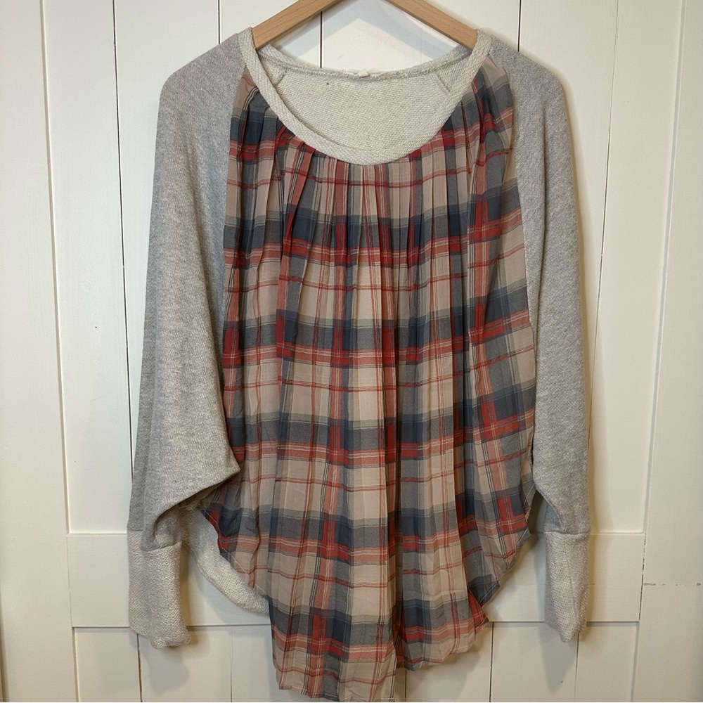 Mystree Plaid Mixed Media Knit Top Gray Sleeves Lightweight Boho Large